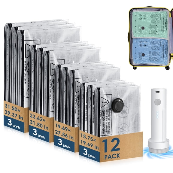 LAFAYTTE Vacuum Bags for Travel with Cordless Rechargeable Pump, 12 Pack Travel Vacuum Bags with pump, Compression Storage Bags (3XL/3L/3M/3S) for Clothes, Luggage & Suitcase