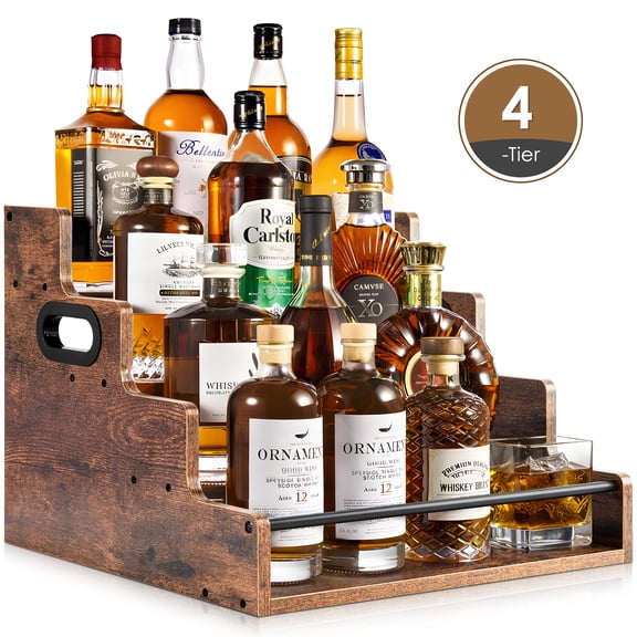 LAFAYTTE 4-Tier Liquor Bottle Display Shelf, Coffee Syrup Rack, Water Bottle Organizer, Mini Bar Liquor Cabinet Retro Bar Shelf for Whiskey, Spirits