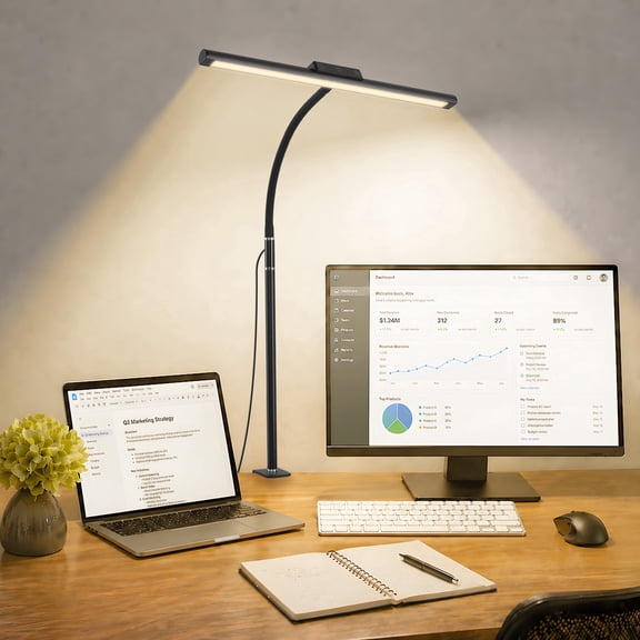 LAFAYTTE LED Desk Lamp for Office Home, Eye Caring Desk Light with Clamp, Dual Screen Monitor Work Light with Stepless Dimming Flexible Gooseneck