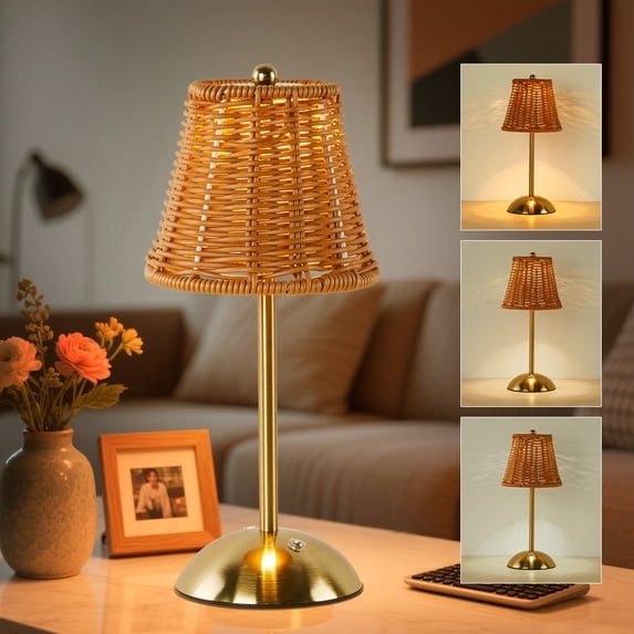 LAFAYTTE Cordless Boho Rattan Table Lamp, LED Rechargeable  3 Color Dimmable Touch Control Night Light for Bedroom, Living Room, and Home Decor