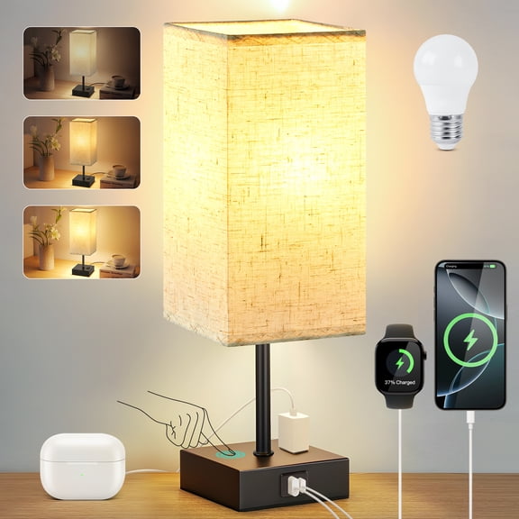 LAFAYTTE Touch Control Table Lamp for Bedroom, 3 Way Dimmable Nightstand Lamp with USB C Charging Ports and AC Outlet, 3 Color Desk Bedside Lamp Fabric Shade for Living Room Office, LED Bulb Included