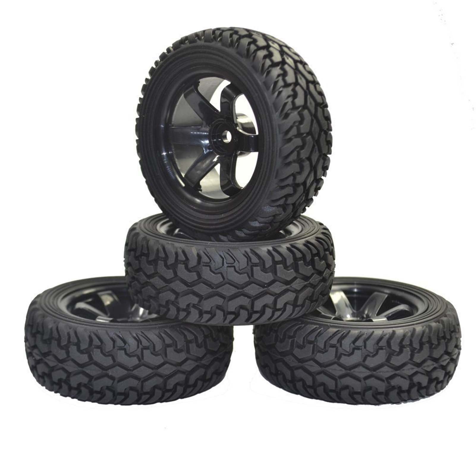4PCS 1:10 RC Rally Car Tires & Wheels - 75mm Rubber Tires, 52mm 6-Spoke Green Rims, 12mm Hex (Red)