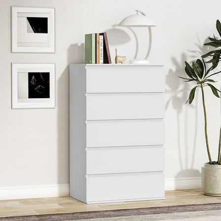 LAFGUR 5 Drawer Dresser for Bedroom, Modern Chest of Drawers, Wood Living Room Storage Cabinet,White
