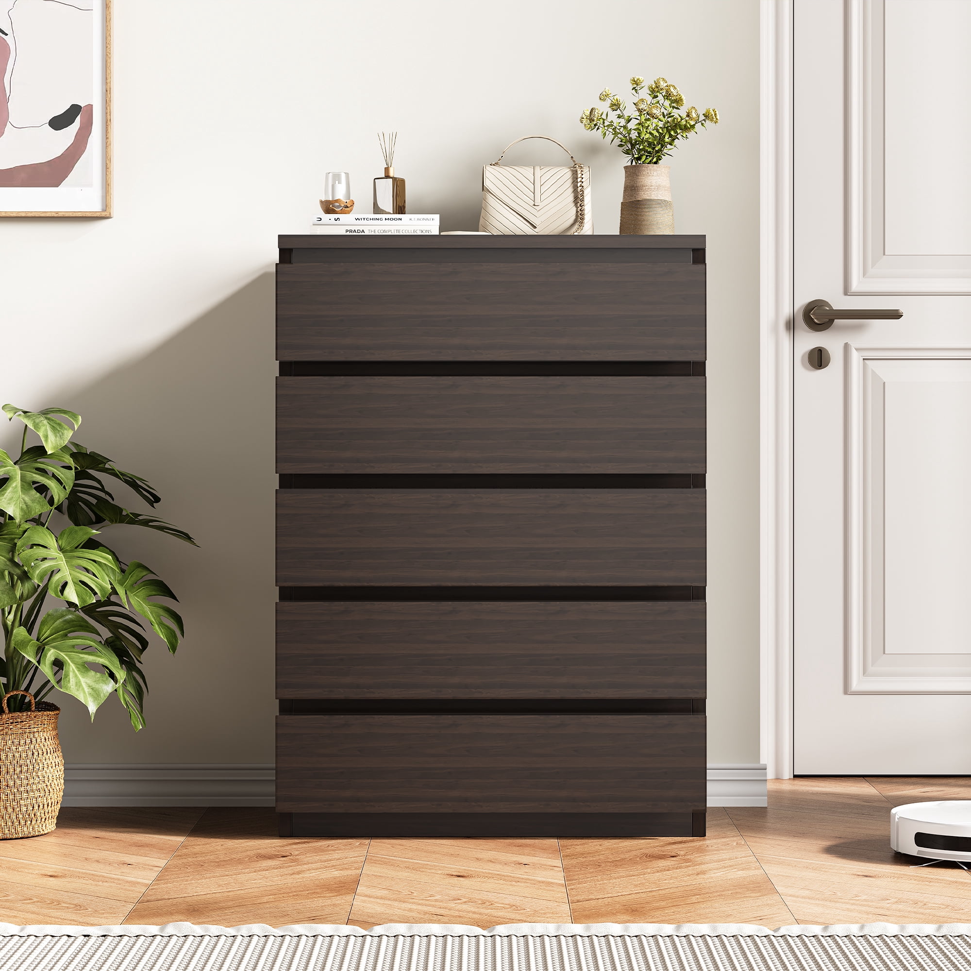 LAFGUR 5 Drawer Dresser for Bedroom, Modern Chest of Drawers, Wood Living Room Storage Cabinet,Brown
