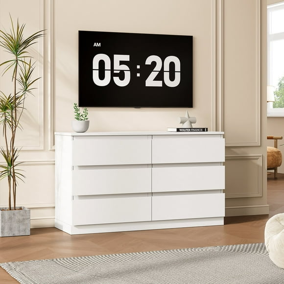 LAFGUR 6 Drawer Double Dresser,Wood Storage Organizer Cabinet Chest for Bedroom Living Room,White