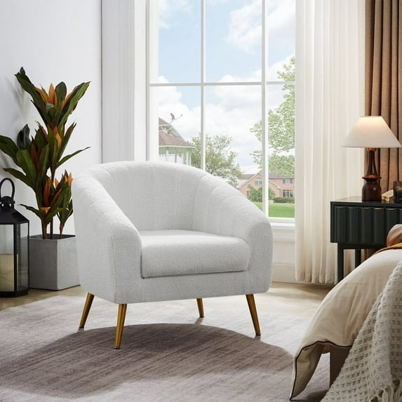 LAFGUR Accent Chair, Modern Cozy Vanity Chair with Gold Metal Legs, Sherpa Fabric Armchair for Living Room Bedroom Office,Beige