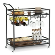 LAFGUR Bar Cart Black, 2 Tiers Home Bar Serving Cart on Lockable Wheels, Rolling Alcohol Cart, Modern Wine Cart for Home Kitchen Dining and Living Room