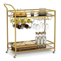 LAFGUR Bar Cart Gold, 2 Tiers Home Bar Serving Cart on Lockable Wheels, Rolling Alcohol Cart , Modern Wine Cart for Home Kitchen Dining and Living Room