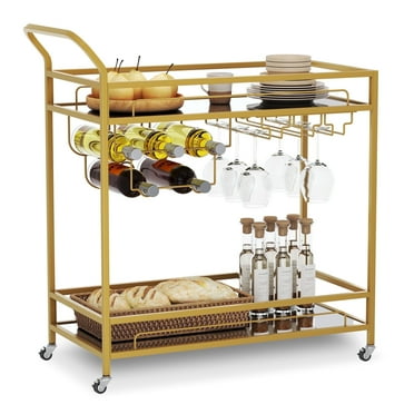 LAFGUR Bar Cart Gold, 2 Tiers Home Bar Serving Cart on Lockable Wheels, Rolling Alcohol Cart , Modern Wine Cart for Home Kitchen Dining and Living Room