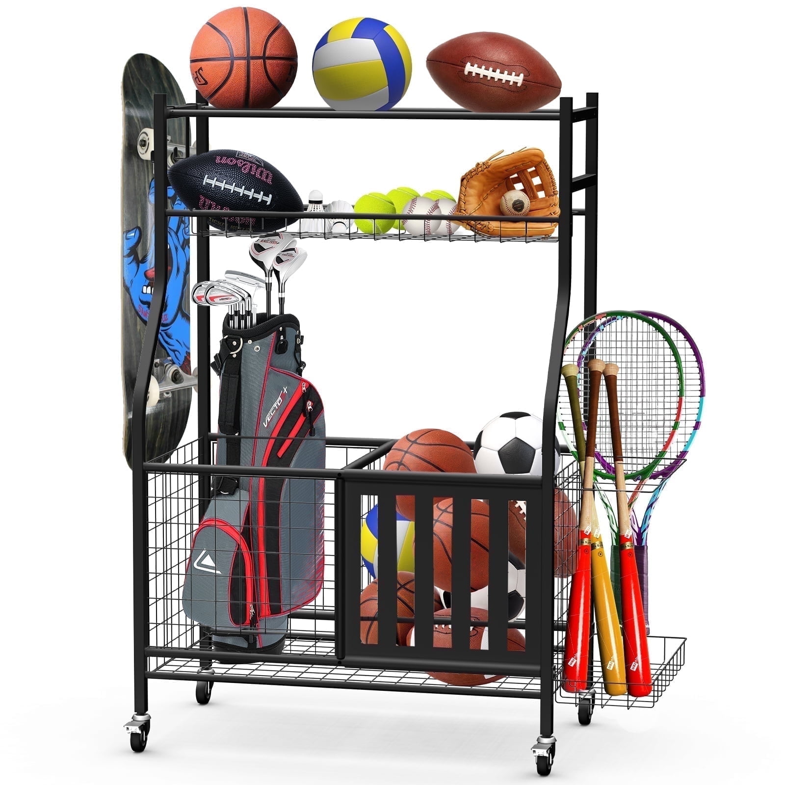 Black Powder Coated Steel 3-Tier Sports Equipment Organizer with Wheels