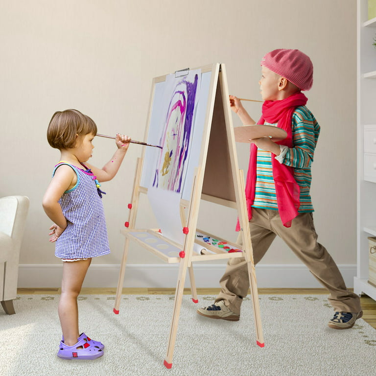 Kids Art Easel with Paper Roll Art Standing Easel Double-Sided Whiteboard &  Chalkboard & Roll Paper Drawing Board Standing Easel with Accessories for