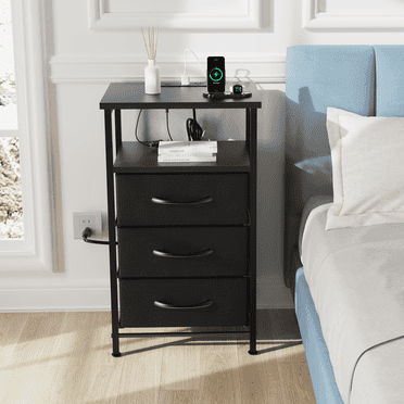 LAFGUR Night Stand with Charging Station & 3 Storage Drawers,Bedside Table for Bedroom,Black
