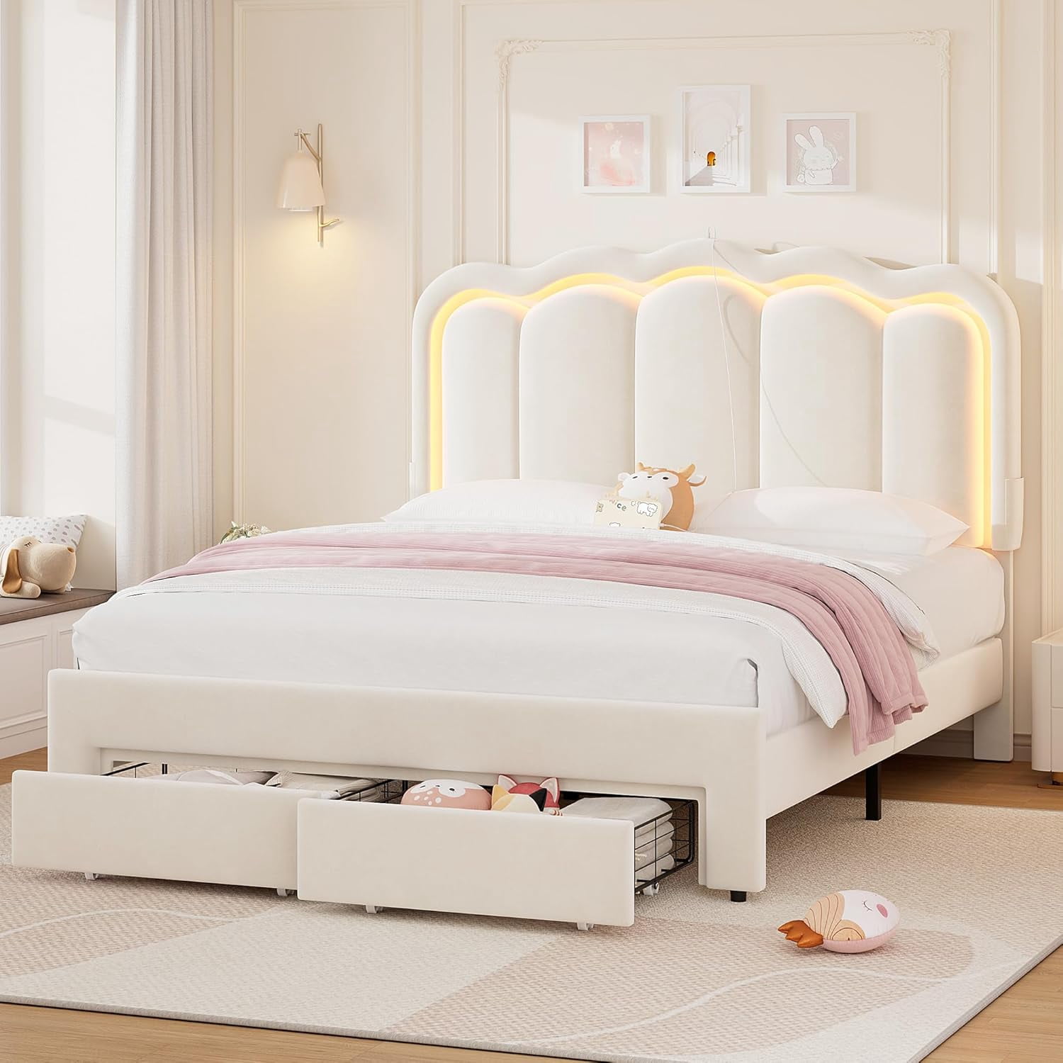 LAFGUR Queen Size Upholstered LED Bed Frame with 2 Storage Drawer and ...