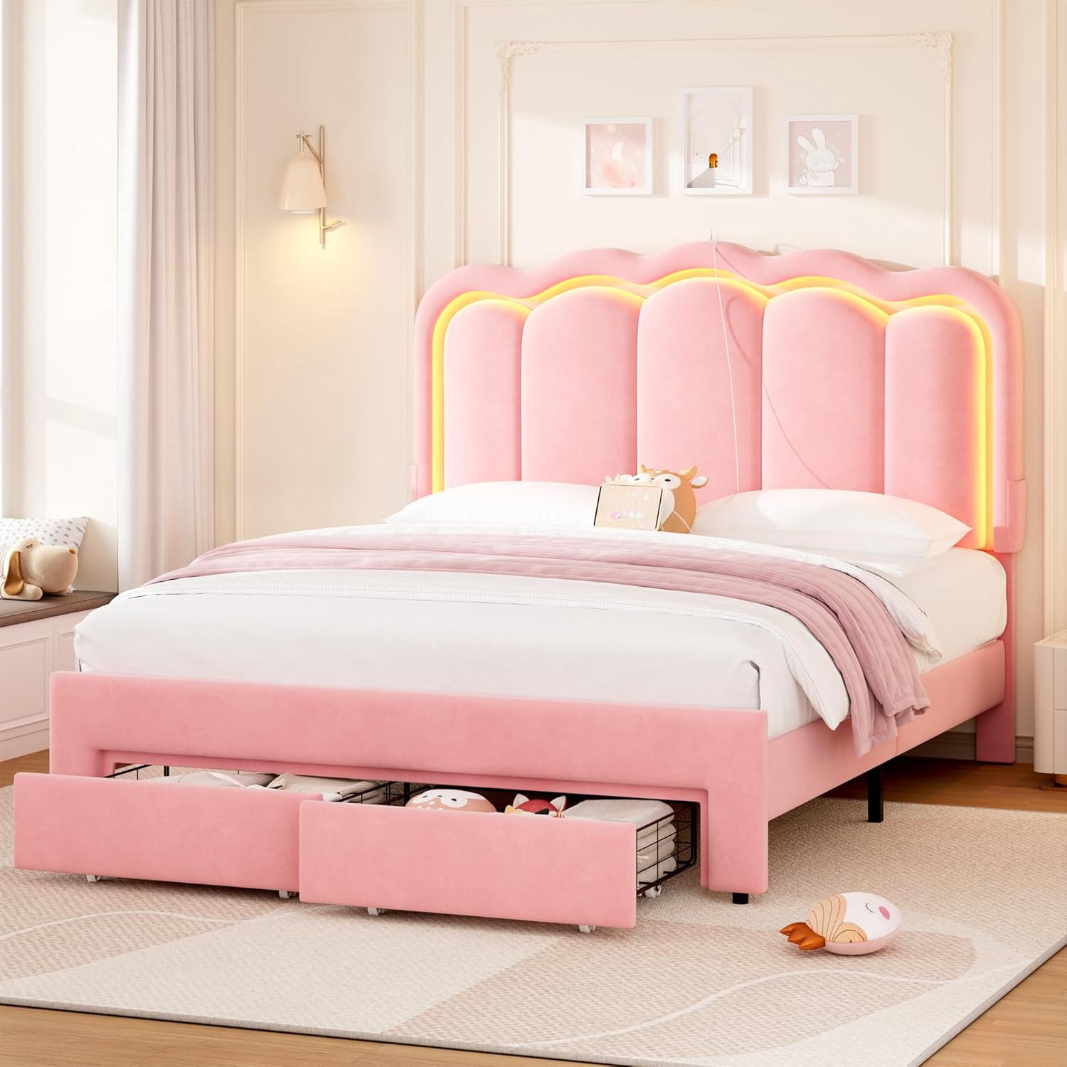 LAFGUR Queen Size Upholstered LED Bed Frame with 2 Storage Drawer and ...