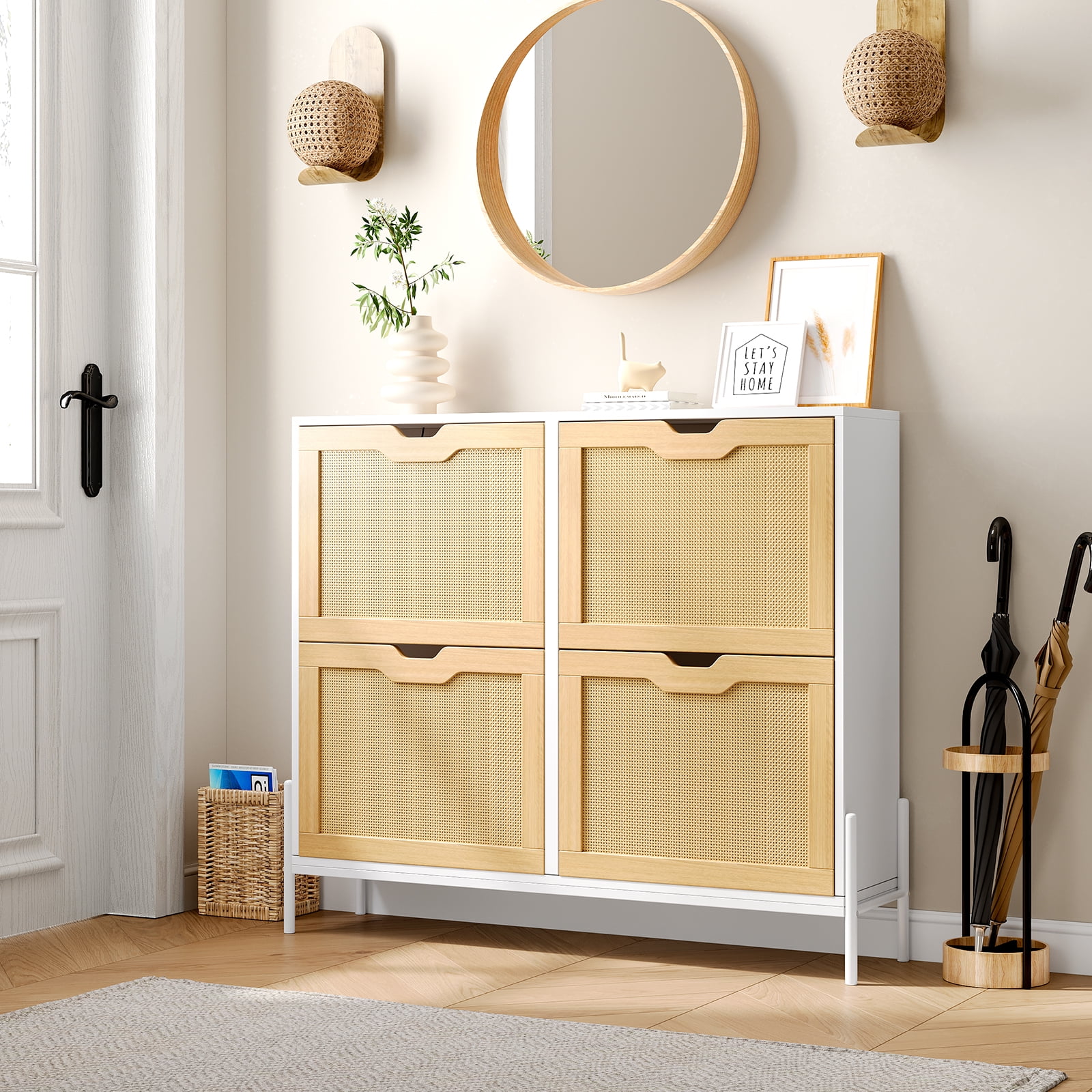 LAFGUR Shoe Cabinets with 4 Flip Drawers,Narrow Shoe Storage Cabinet for Entryway, Free Standing Shoe Storage Organizer with Rattan Doors for Heels, Boots, Slippers in Hallway, Living Room,White - Walmart.com