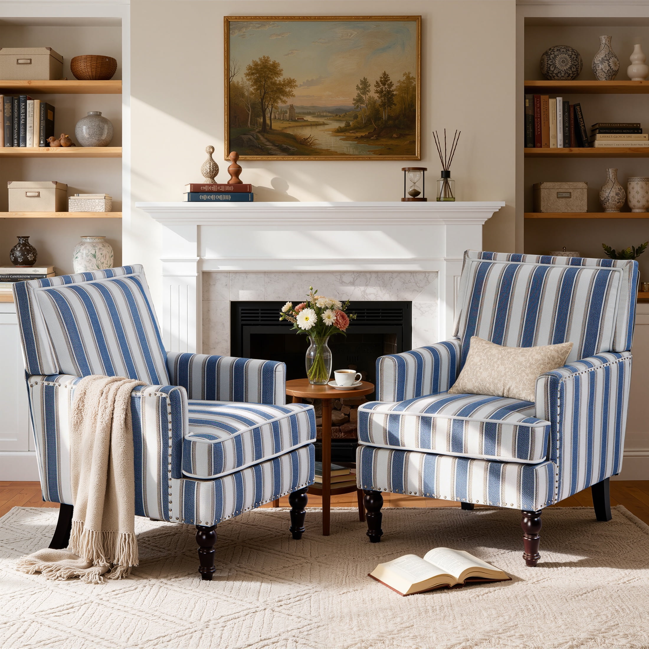 LEGAHOME Vintage Accent Chair, Upholstered Armchair with Nailhead Trim, Linen Fabric Arm Chair Comfort Reading Chair Lounge Chair for Living Room Bedroom Sunroom, Blue(1PC)