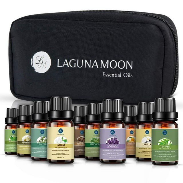 LAGUNAMOON™ Fragrance Essential Oils w/ Travel Bag, 10 Pc  Set Pure Aromatherapy Oils: Tea tree, Lavender, Peppermint, Eucalyptus, Sandalwood, Lemongrass, Orange, Chamomile, Jasmine, Vetiver
