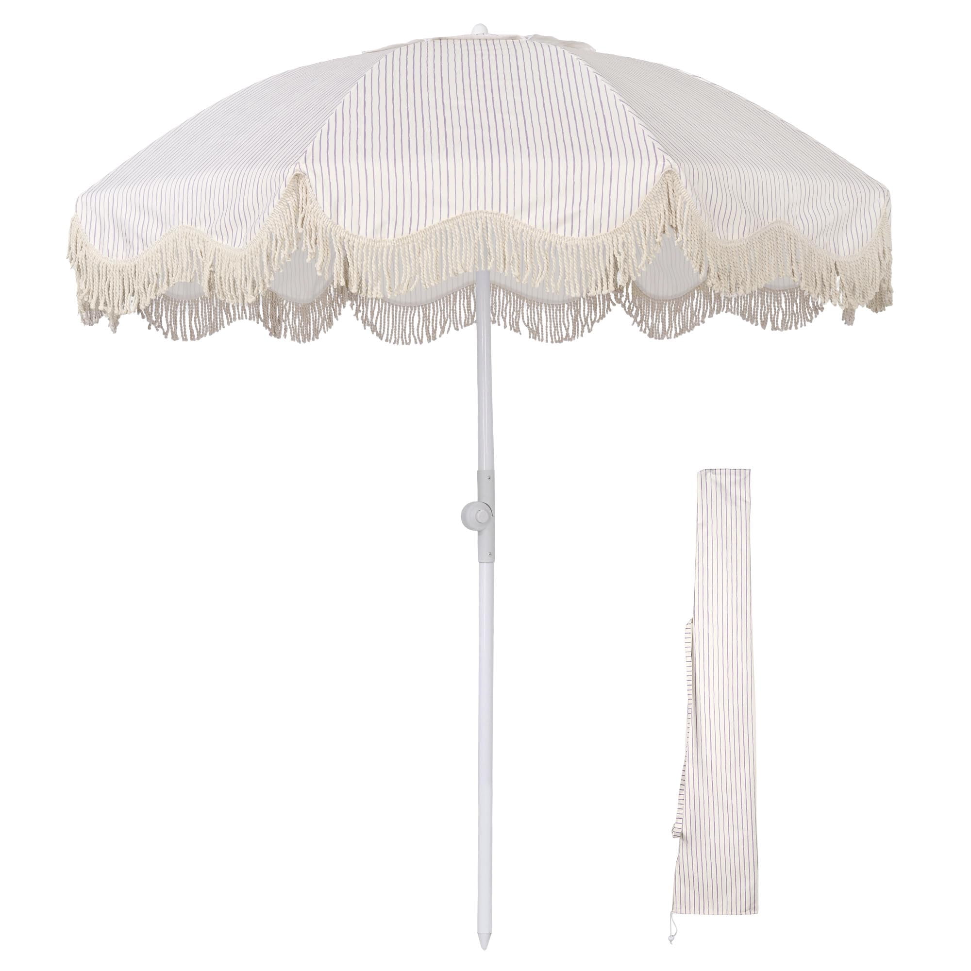 LAGarden 6Ft Fringe Patio Umbrella with Push Button Tilt Carry Bag UV30+ Outdoor Beach Yard Pool Party Deck Purple Stripe