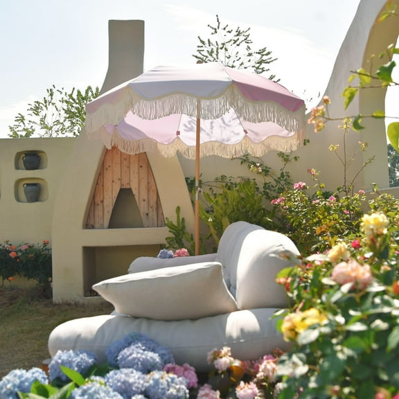 LAGarden 6Ft Fringe Patio Umbrella with Tassels & Carry Bag 50 / 60s Vintage Style Umbrella Wood Pink,Model: PS6-12