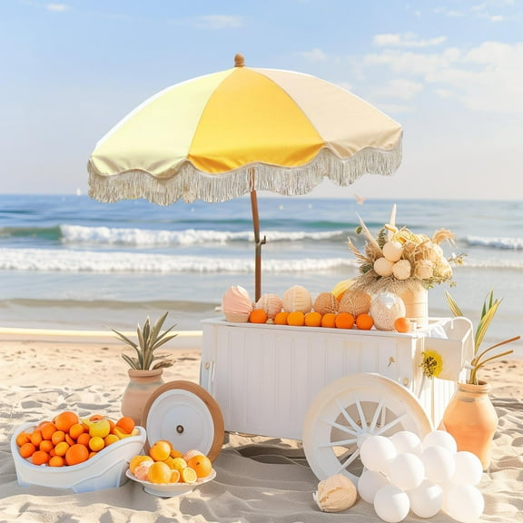 LAGarden 6Ft Fringe Patio Umbrella with Tassels & Carry Bag 50 / 60s Vintage Style Umbrella Wood Yellow,Model: PS6-01