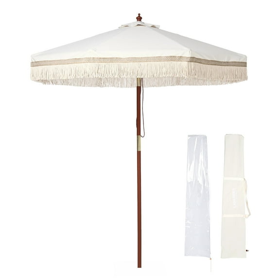 LAGarden 7' Patio Beige Umbrella with Tassels UPF50+ Boho Style 5-Year-Non-Fading for Outdoor,Model:BH7W-01P