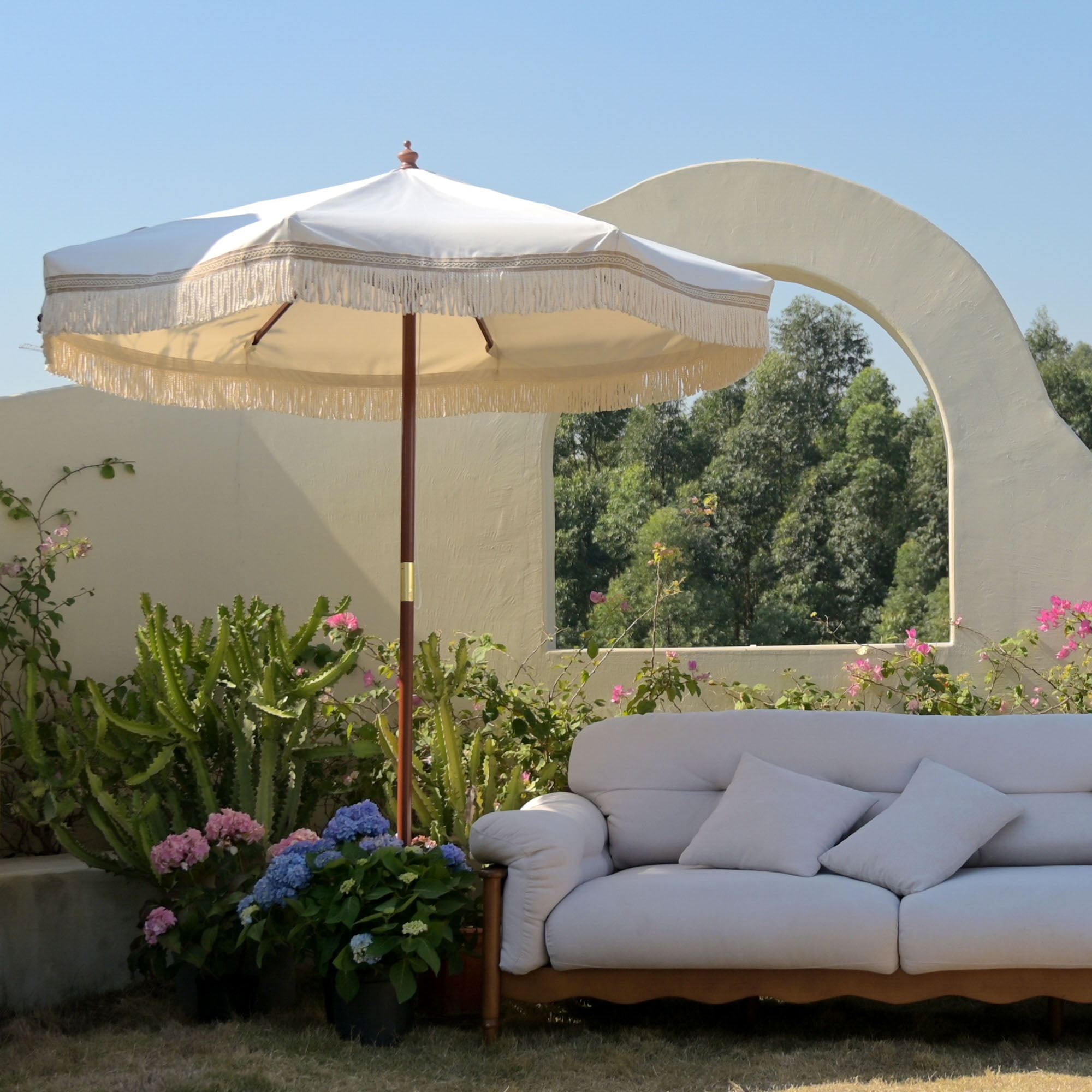 7' Boho Beige Patio Umbrella with Wooden Pole and Tassels