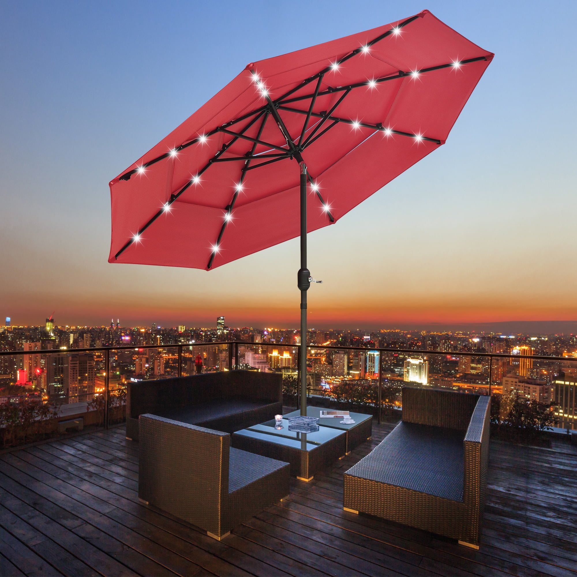 LAGarden 9 Ft 3 Tier Patio Umbrella with Solar Powered LED Crank Tilt  Button Aluminum - Walmart.com