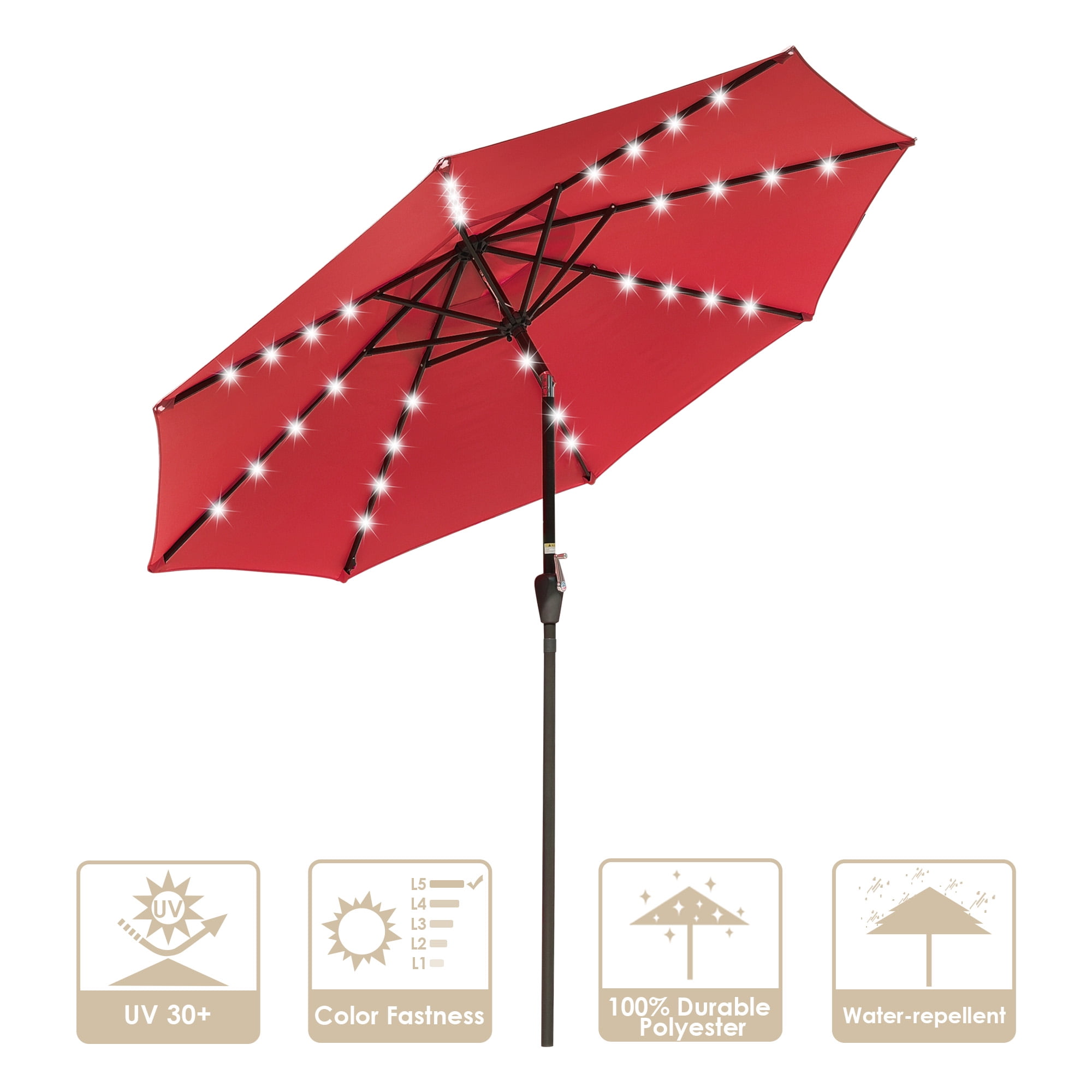 LAGarden 9' Outdoor Solar Powered LED Umbrella 8 Ribs w/ 32 Lights for Patio  Garden Deck Crank Tilt UV30 Red - Walmart.com