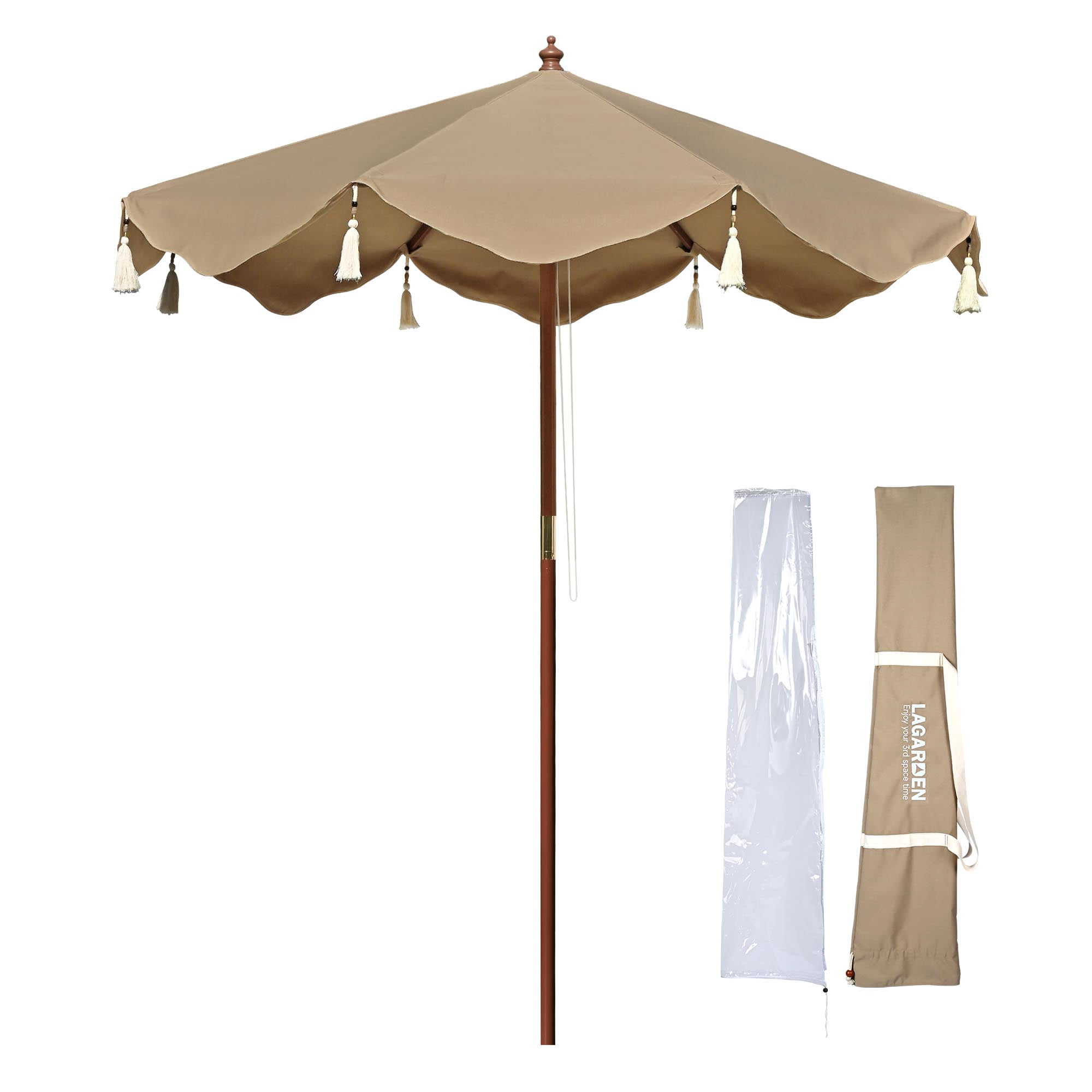 7 Ft Light Brown Boho Beach Umbrella with Wooden Pole and Fringe