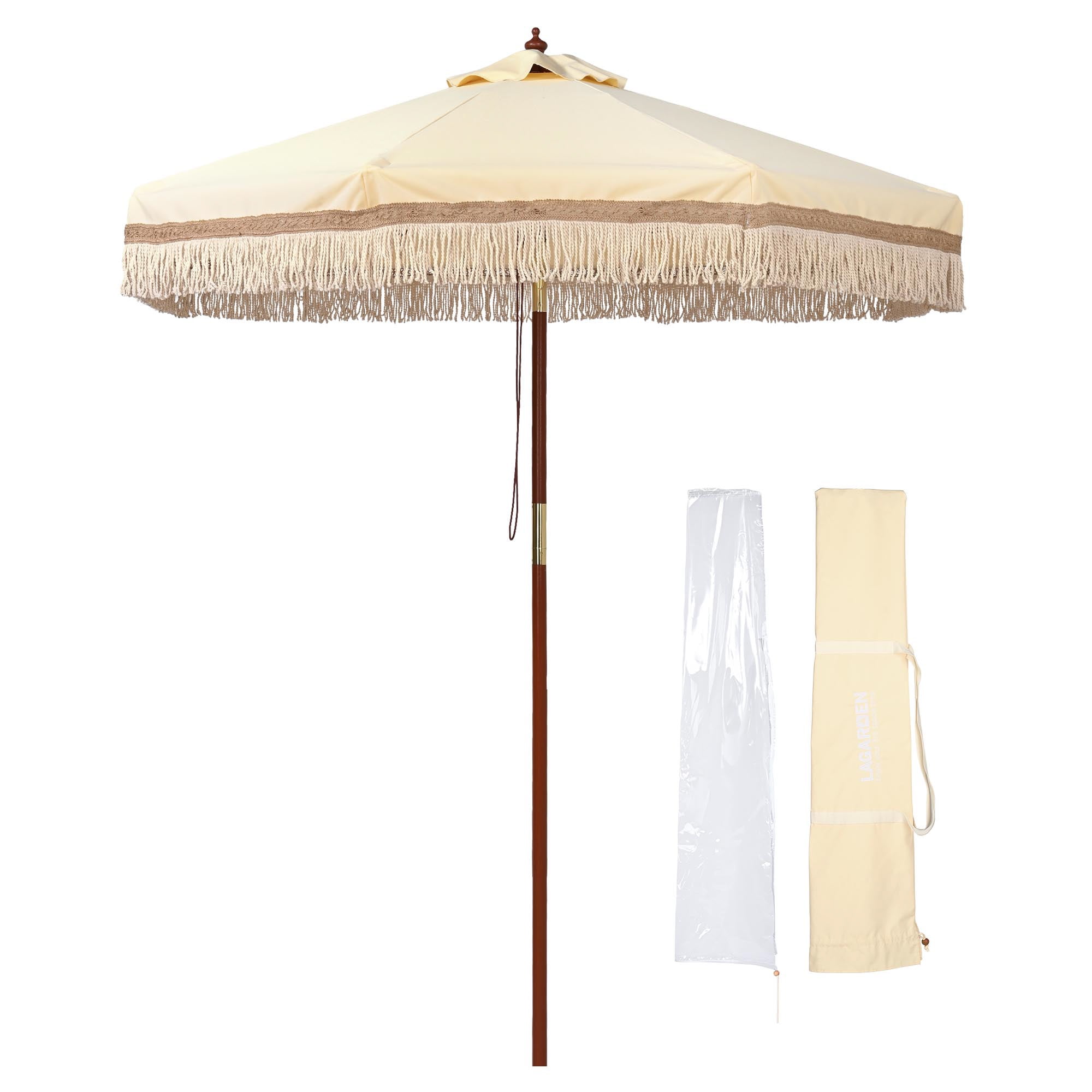 Beige 7' Boho Patio Umbrella with Cotton Fringe and Wooden Pole