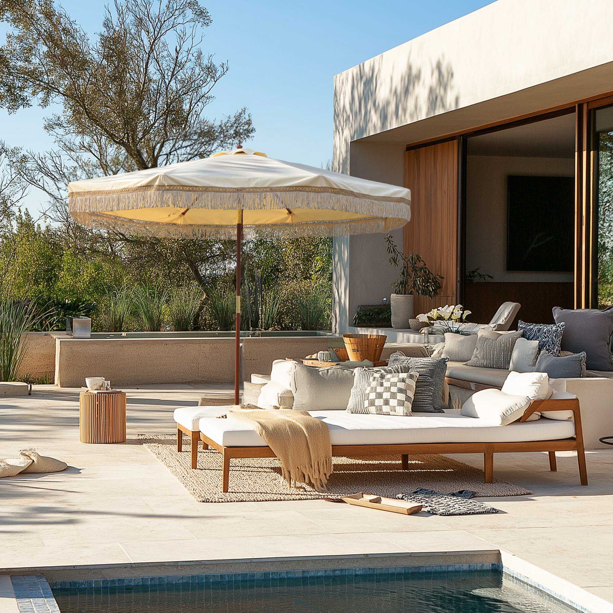 Butter Twisted Root Beige 9' Patio Umbrella with Cotton Fringe