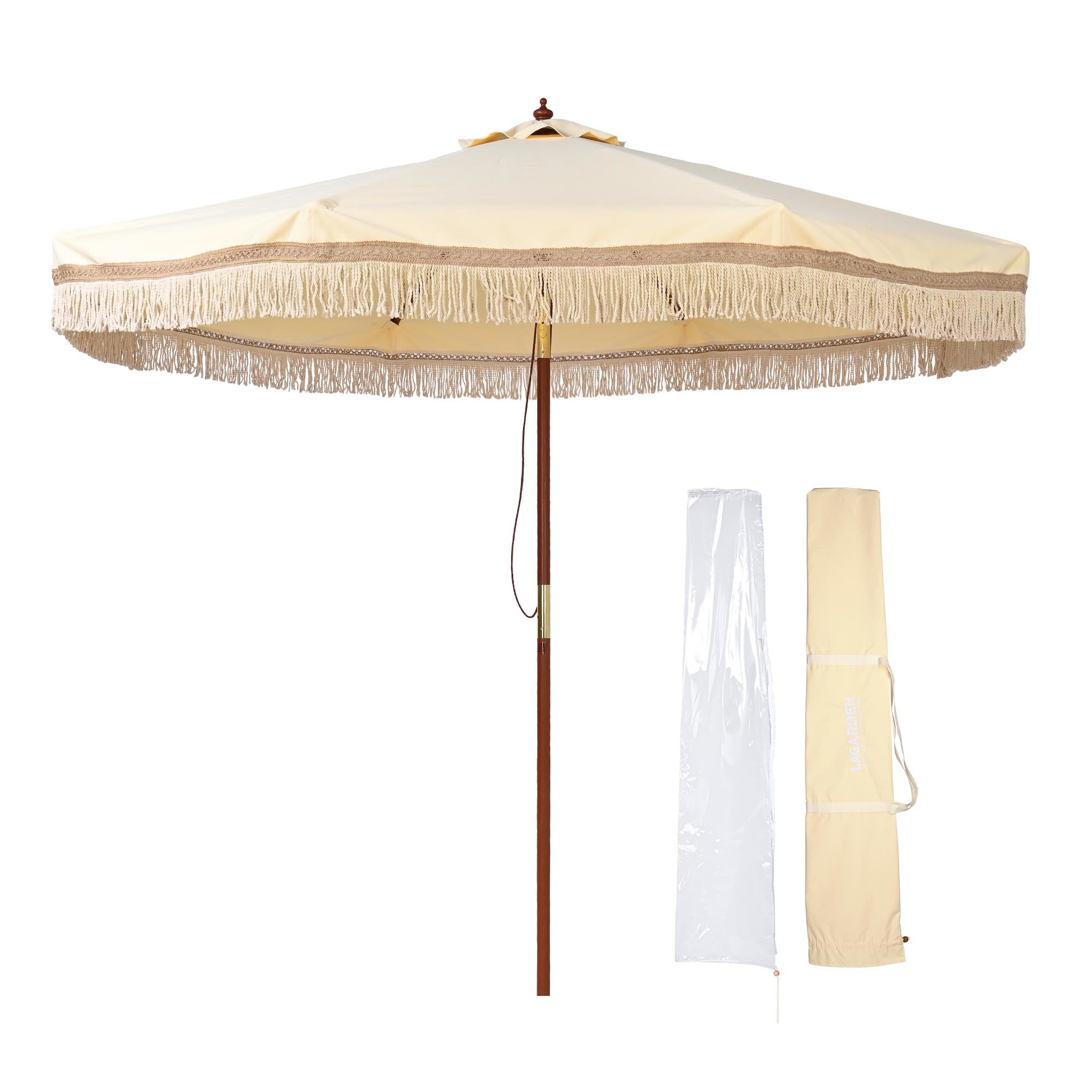 Butter Twisted Root Beige 9' Patio Umbrella with Cotton Fringe