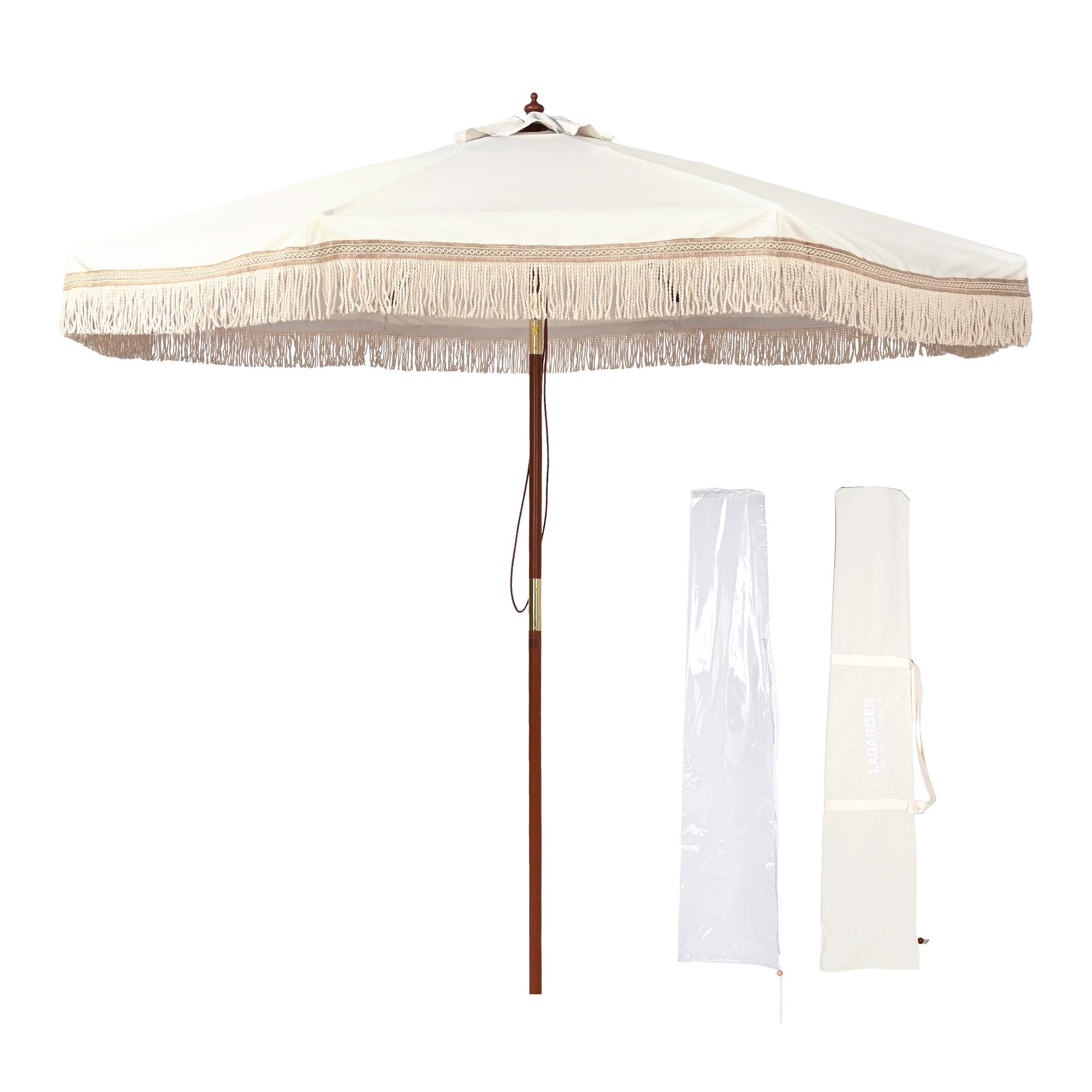 Ivory Chevron 9' Boho Patio Umbrella with Wooden Pole and Cotton Fringe