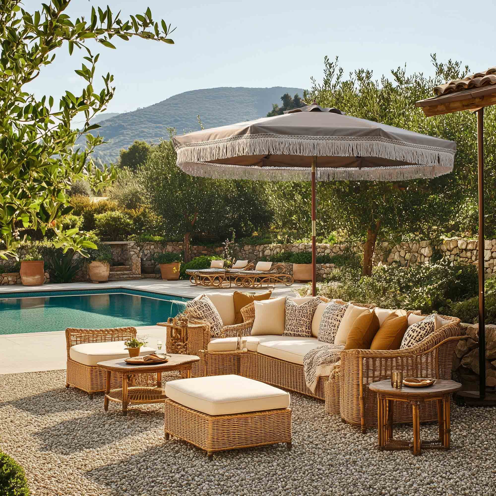 Mocha Brown 9' Patio Umbrella with Cotton Fringe and Wooden Frame