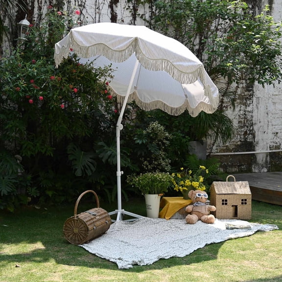 LAGarden Fringe Patio Umbrella with Base Included Tripod Stand Tilt Outdoor Beach for Sand Shadewith Bag, Purple Stripe