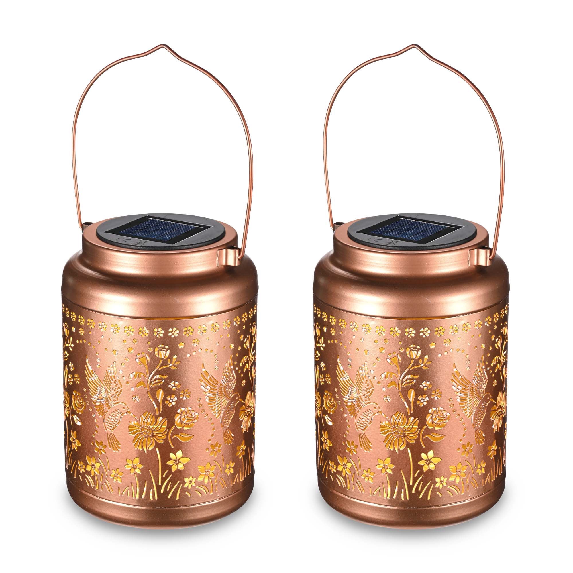 Rose Gold Hummingbird Solar Lanterns Outdoor Hanging Metal Decor 2-Pack