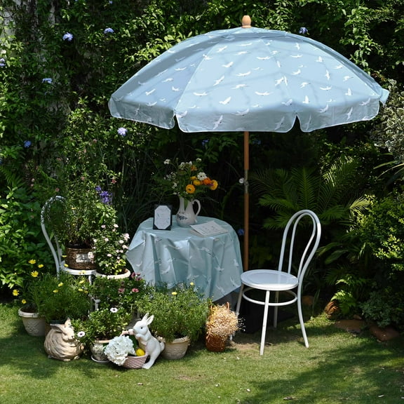 LAGarden Our Beach Portable Umbrella for Sand Beech Wood Pole Carry Bag with Printed Seagull Cute Garden Parasol