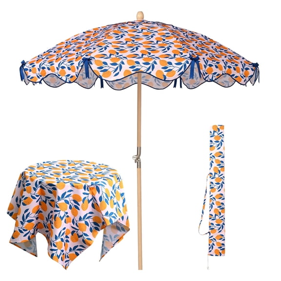 LAGarden Our Beach Umbrella for 6ft Beech Wood Pole w/ Tablecloth Printed Lemon Tree for Outdoor Garden Summer Event Planning Small Patio Balcony