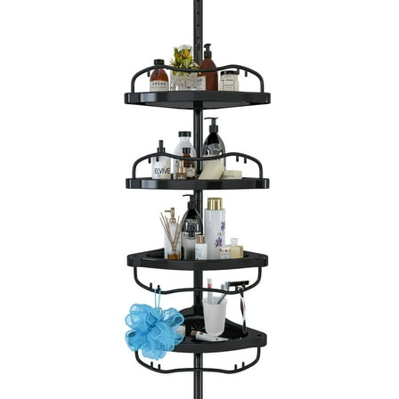 Tension Pole Shower Caddy Corner, 56-125'' Rustproof Stainless Steel, Adjustable, No Drilling, 4-Tier ABS Baskets, Quick Drain Design - Black