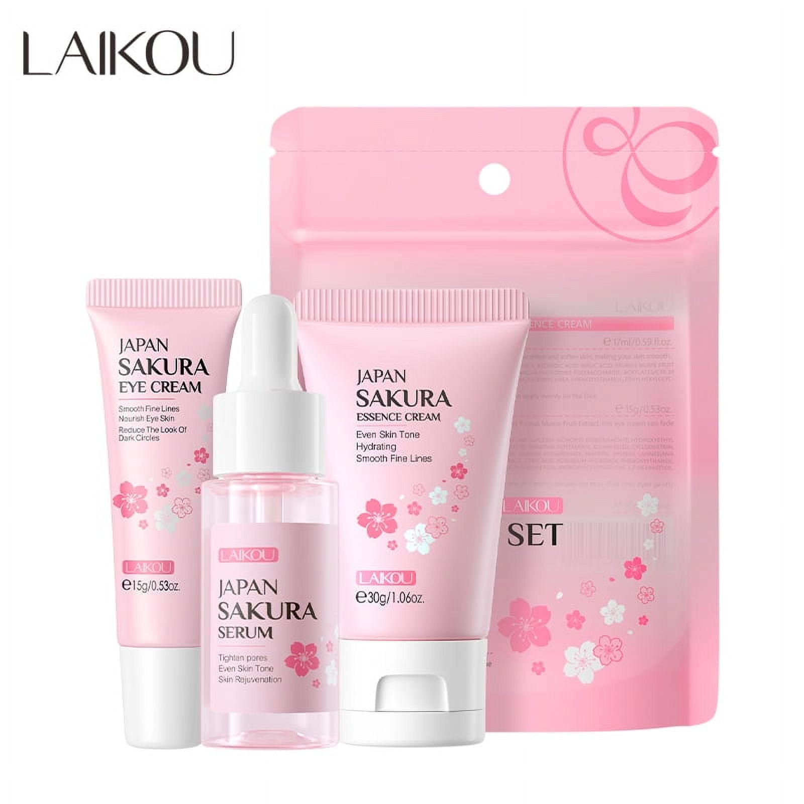 LAIKOU Japan Sakura Skin Care Set 3pcs Serum Eye Cream Essence Cream Moisturizer Skin