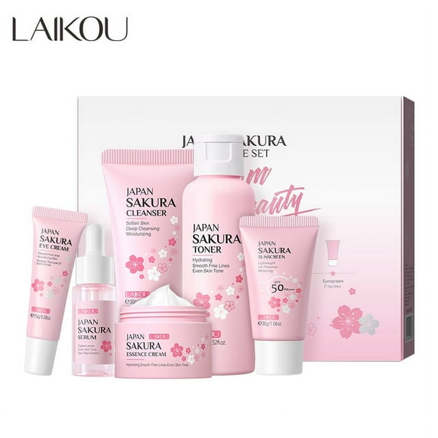 LAIKOU Sakura Skin Care Set, 6pcs Serum, Moisturizer, Eye Cream, Toner, Lotion, Cleanser