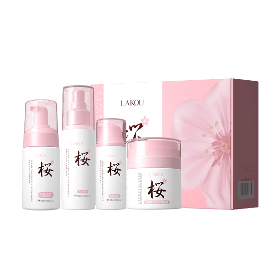 LAIKOU Sakura Skin Care Set 4PCS with Cleaning Mousse,Toner,Serum,Face Cream Moisturizing and Hydrating Skin Travel Kit for Women