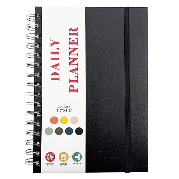 LAILLSH 2025 Back to School Daily Plan Book A5 Coil Notebook Black Undated Daily Planner Undated Planner with Hourly SchedulesDaily organizer Notebooks for WorkPlanner for Men and to Do Hot Sale