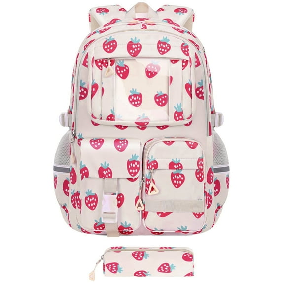 LAILLSH 2025 New Arrival Printer Strawberry Print Backpack Aesthetic Nylon Rucksack Cute Backpack Set Casual Daypack
