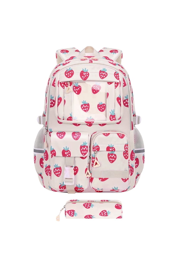 2025 New Arrival Printer Strawberry Print Backpack Aesthetic Nylon Rucksack Cute Backpack Set Casual Daypack