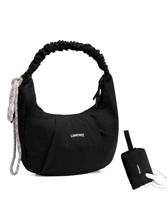 Crescent Shoulder Bag, Nylon Hobo Crossbody Bags for Women, Water-Resistant & Lightweight Slouchy Handbag, Dumpling Purse for Everyday, Commute, Work, Travel (Black)