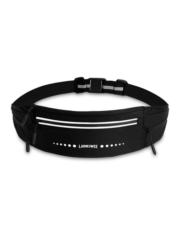 Lightweight Running Belt Fanny Pack,Water-Resistant Waist Pack for Women Men, 4-Zone Organization, Reflective strips Design for Marathon Training, Jogging, Hiking, Commuting(Black)