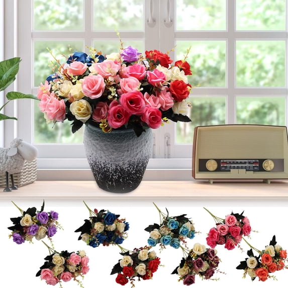 LAIOWEI 12 Heads Small Silk Artificial Roses, Fake Flowers, Plastic Plants for Home Hotel Wedding Christmas Table Centerpieces 1Pcs
