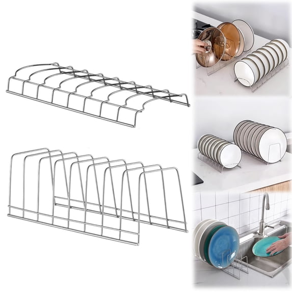LAIOWEI 8 Tier Pot Lid Organizer for Cabinet, Bowl Drainer, lid organizer, Stainless Steel Pot Lid Rack or Bakeware Dish Plate, Cutting Boards, Pots & Pans, Serving Trays, Silver 1Pcs