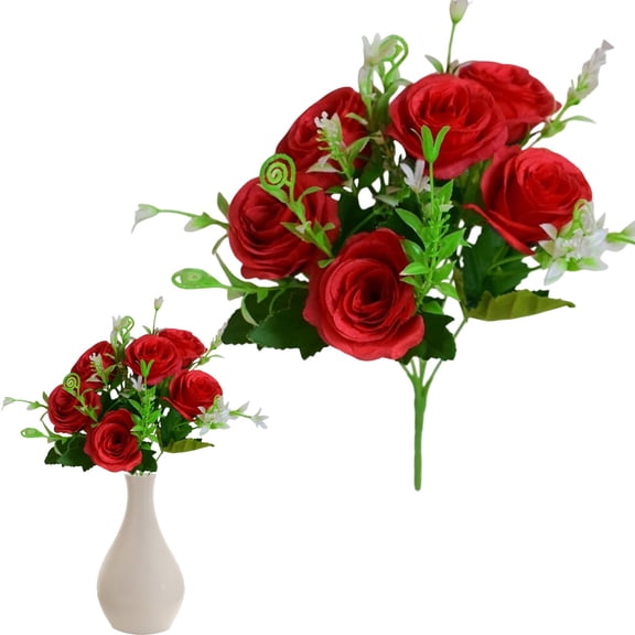 LAIOWEI 9 Heads Red Artificial Rose Bouquet, Fake Silk Rose Flowers , Bridal Bouquet for Wedding, Bridal Shower, Home & Office Table Decor Red 1Pcs